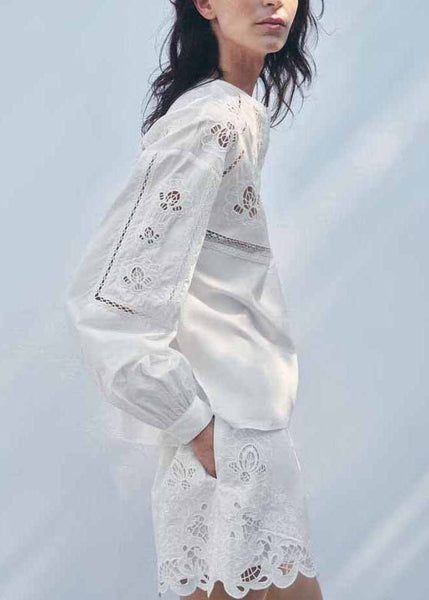 Out Fall Cotton Embroidered Set Hollow White Two Chic Piece FashionChic