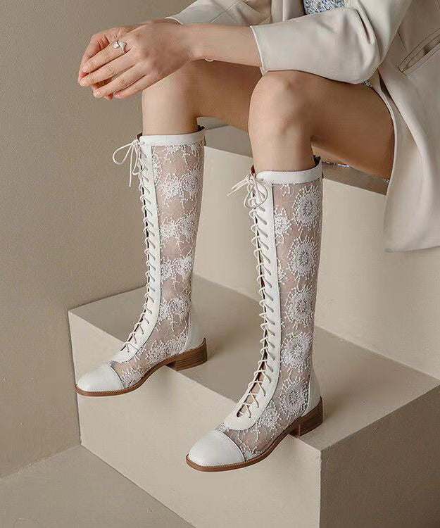 Chic White Hollow Out Lace Up Chunky Boots JJ073 Shoe-XZ240609