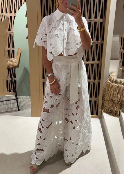 Two Chic Leg Hollow Shirts Out Set White Wide Pieces Pants And FashionChic