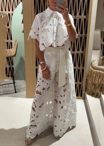 Two Chic Leg Hollow Shirts Out Set White Wide Pieces Pants And FashionChic