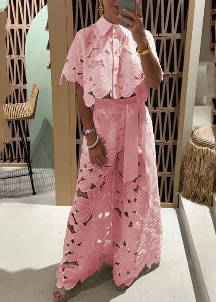 Two Chic Leg Hollow Shirts Out Set White Wide Pieces Pants And FashionChic