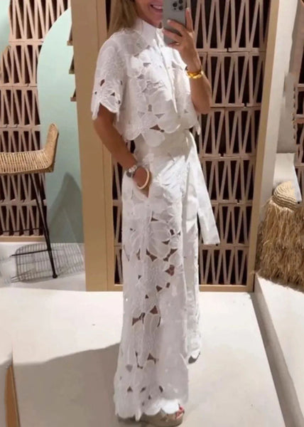 Two Chic Leg Hollow Shirts Out Set White Wide Pieces Pants And FashionChic