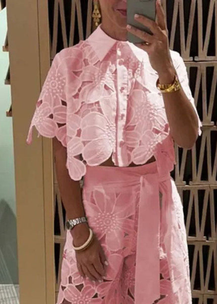 Two Chic Leg Hollow Shirts Out Set White Wide Pieces Pants And FashionChic