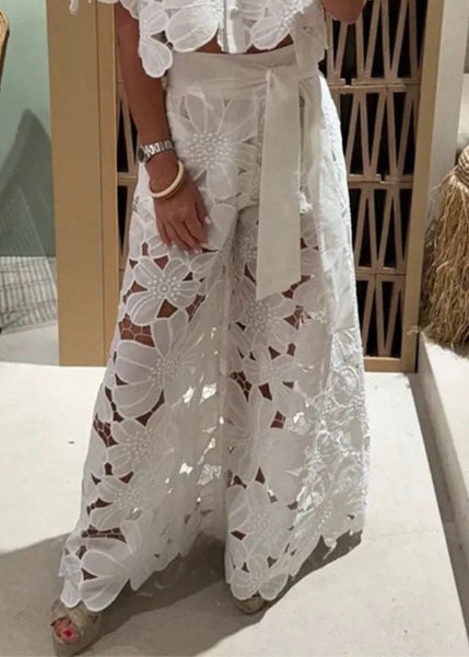 Two Chic Leg Hollow Shirts Out Set White Wide Pieces Pants And FashionChic