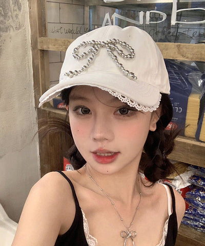 Hat White Bow Cap Lace Versatile Chic Baseball FashionChic