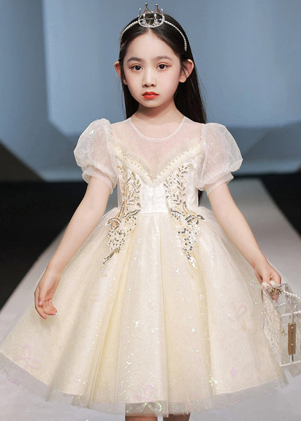 Chic White Nail Bead Patchwork Tulle Girls Vacation Maxi Dresses Short Sleeve XZ042 SDGL240618