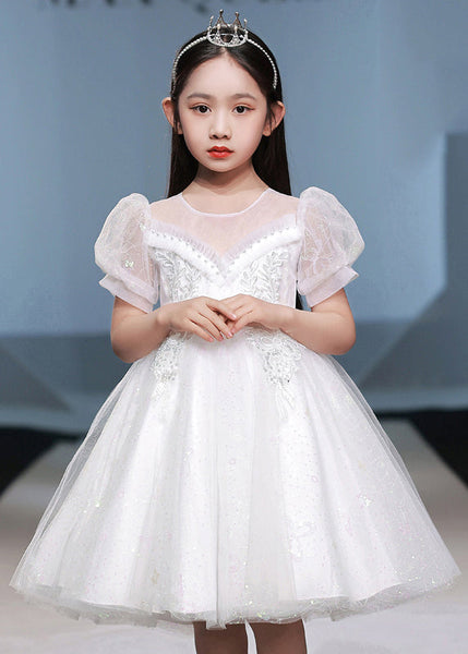 Chic White Nail Bead Patchwork Tulle Girls Vacation Maxi Dresses Short Sleeve XZ042 SDGL240618