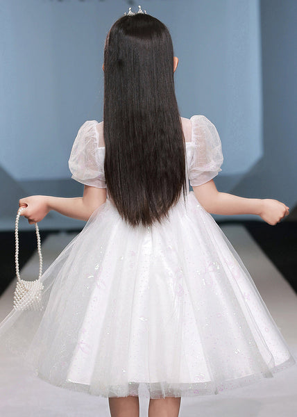 Chic White Nail Bead Patchwork Tulle Girls Vacation Maxi Dresses Short Sleeve XZ042 SDGL240618