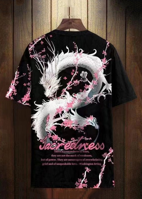 Chic White O Neck Print Loose Cotton Mens T shirt Summer LK071 Men-Silk-MENT240630