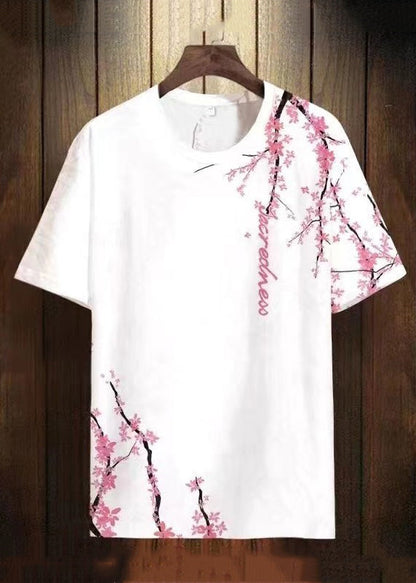 Chic White O Neck Print Loose Cotton Mens T shirt Summer LK071 Men-Silk-MENT240630