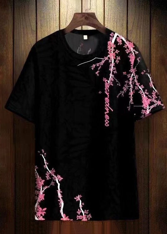 Chic White O Neck Print Loose Cotton Mens T shirt Summer LK071 Men-Silk-MENT240630