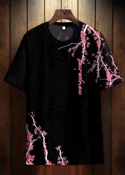 Chic White O Neck Print Loose Cotton Mens T shirt Summer LK071 Men-Silk-MENT240630