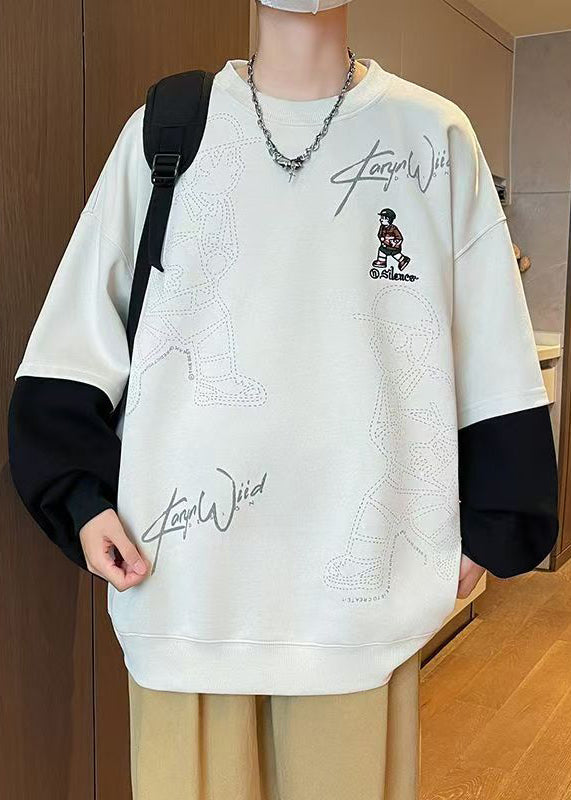 Print Mens Chic Spring Cotton Neck Sweatshirts Patchwork White O FashionChic