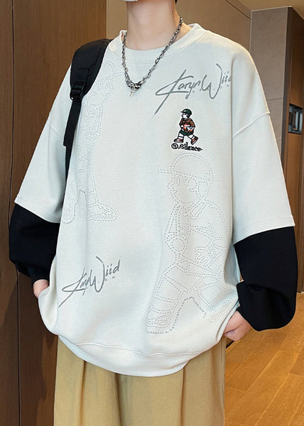 Print Mens Chic Spring Cotton Neck Sweatshirts Patchwork White O FashionChic