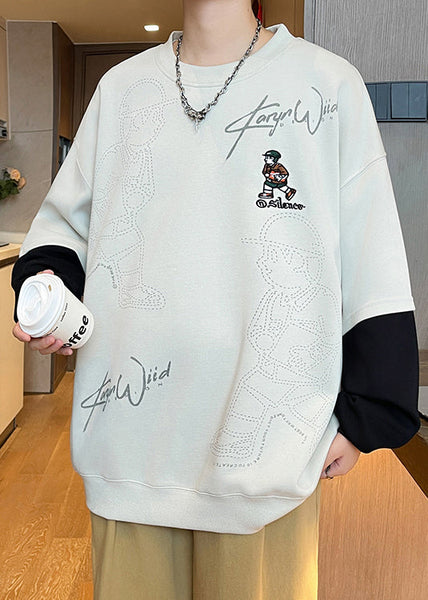 Print Mens Chic Spring Cotton Neck Sweatshirts Patchwork White O FashionChic