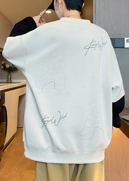 Print Mens Chic Spring Cotton Neck Sweatshirts Patchwork White O FashionChic