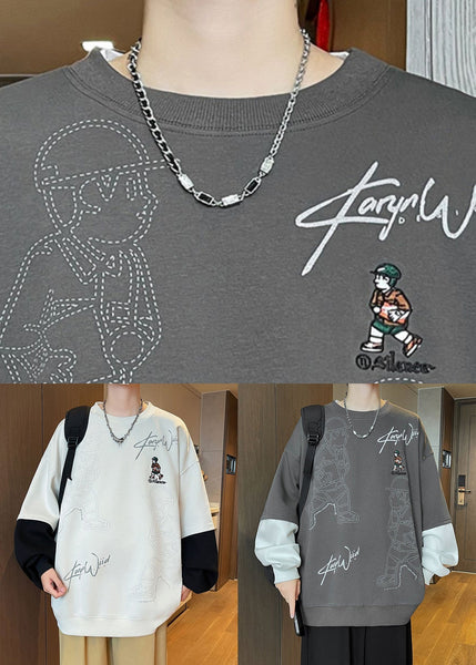 Print Mens Chic Spring Cotton Neck Sweatshirts Patchwork White O FashionChic