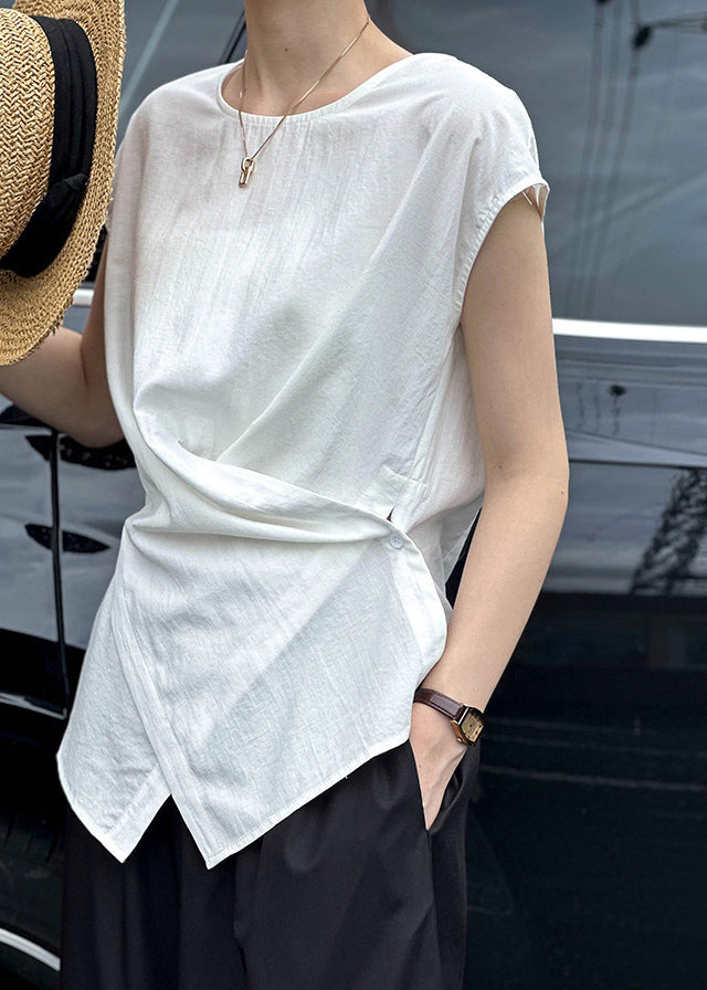 Chic White Patchwork Button T Shirt Short Sleeve QE058 HS-STP240925