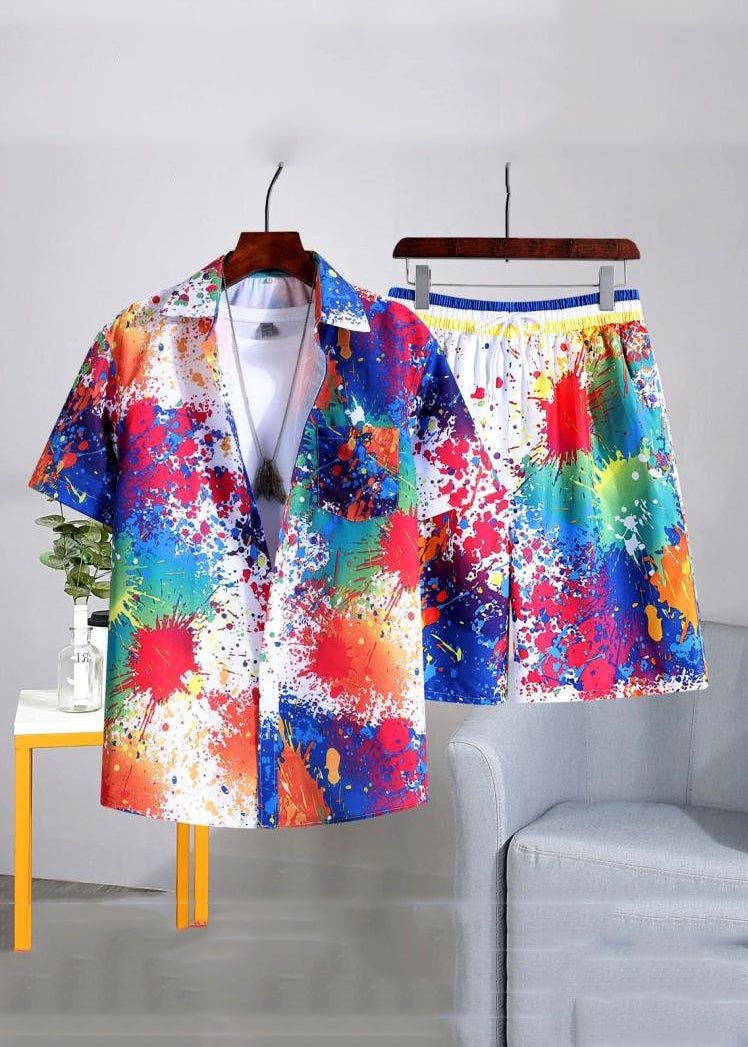 Chic White Print Elastic Waist Cotton Mens Two Piece Set Summer HG060 Men-Silk-MENTS240725