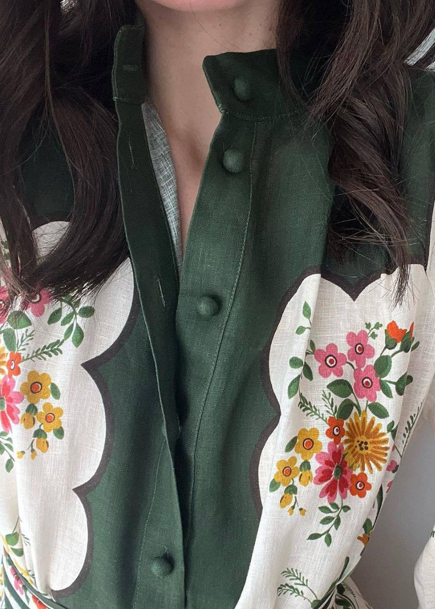 Chic White Print Pockets Tie Waist Linen Shirts Dresses Long Sleeve FF088 SH-LF-FDL240603