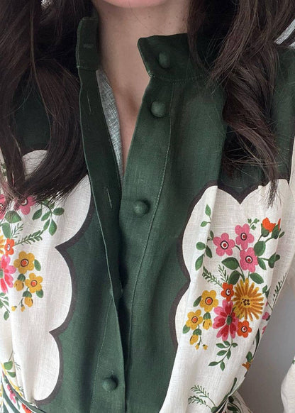 Chic White Print Pockets Tie Waist Linen Shirts Dresses Long Sleeve FF088 SH-LF-FDL240603