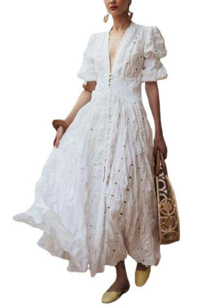 Chic White Puff Sleeve Exra Large Hem Cotton Holiday Dress Spring TL009