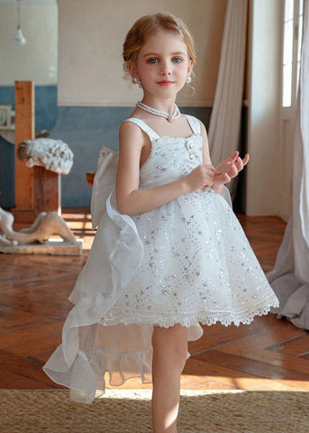 Chic White Square Collar Sequins Tulle Kids Long Spaghetti Strap Dress And Trailing Dress Two Piece set YE008 ABC