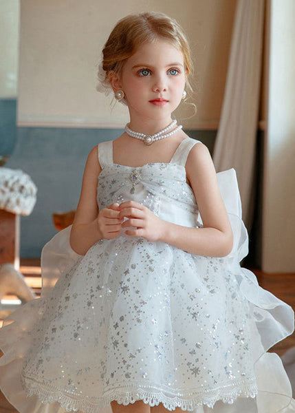Chic White Square Collar Sequins Tulle Kids Long Spaghetti Strap Dress And Trailing Dress Two Piece set YE008 ABC
