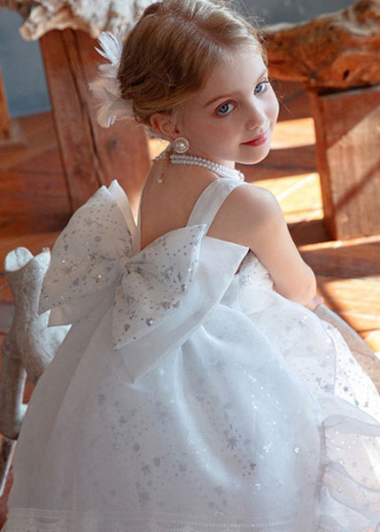 Chic White Square Collar Sequins Tulle Kids Long Spaghetti Strap Dress And Trailing Dress Two Piece set YE008 ABC