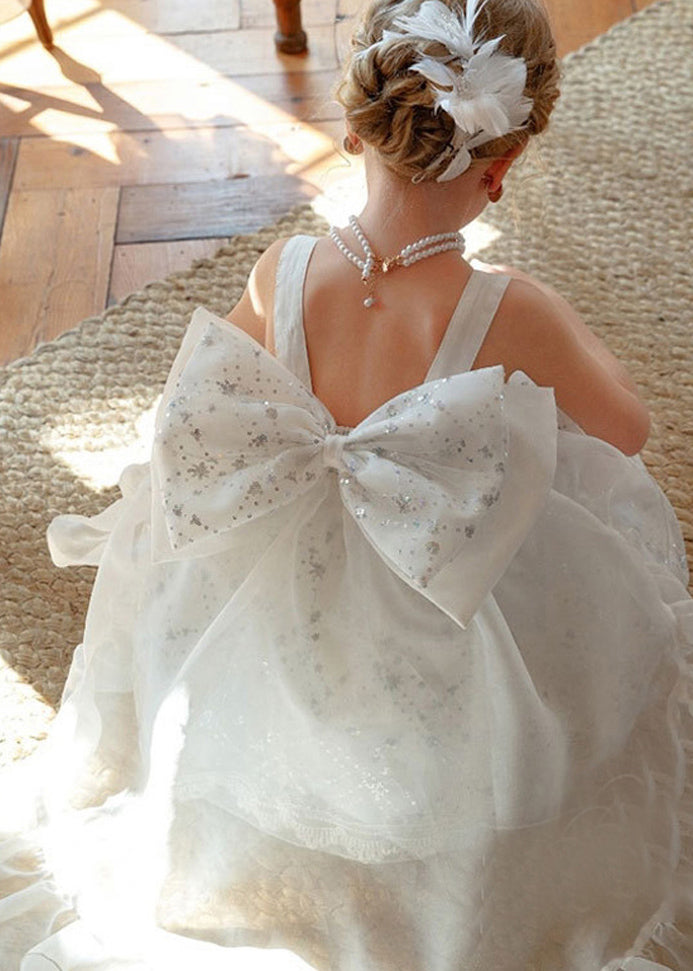 Chic White Square Collar Sequins Tulle Kids Long Spaghetti Strap Dress And Trailing Dress Two Piece set YE008 ABC