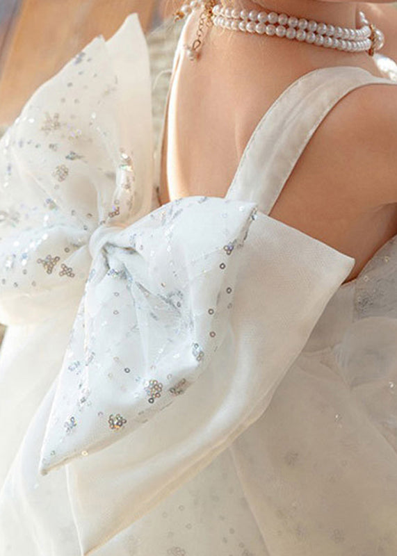 Chic White Square Collar Sequins Tulle Kids Long Spaghetti Strap Dress And Trailing Dress Two Piece set YE008 ABC
