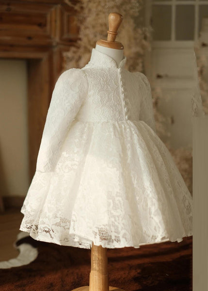 Chic White Stand Collar Button Lace Girls Maxi Dress Spring YS025 ABC