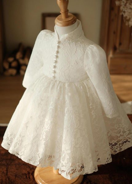 Chic White Stand Collar Button Lace Girls Maxi Dress Spring YS025 ABC