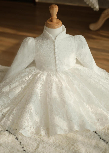 Chic White Stand Collar Button Lace Girls Maxi Dress Spring YS025 ABC