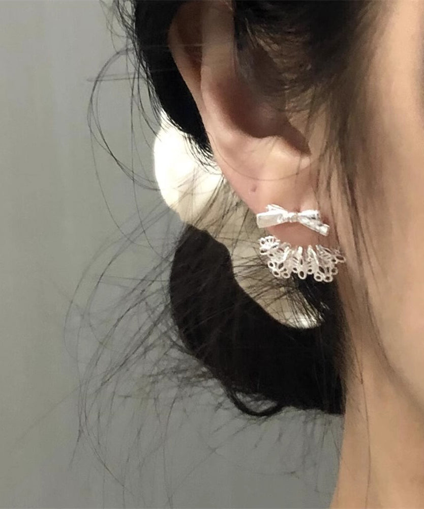 Silver Earrings White Lace Chic Sterling Alloy Stud Bow Patchwork FashionChic