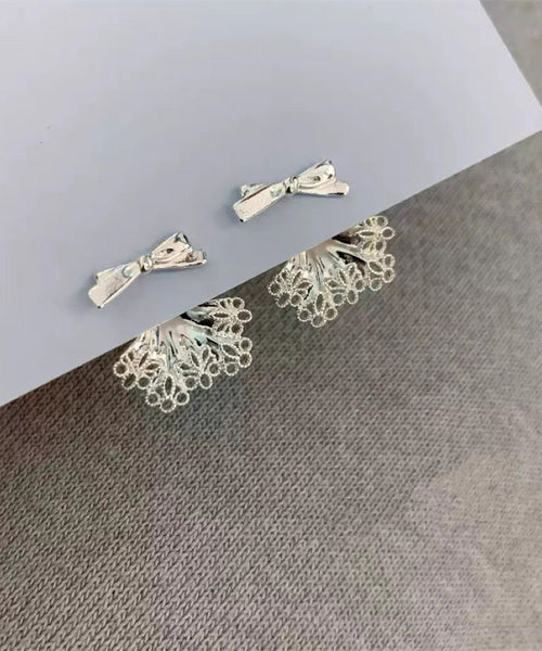 Silver Earrings White Lace Chic Sterling Alloy Stud Bow Patchwork FashionChic