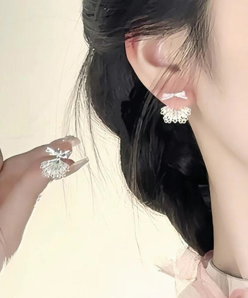 Silver Earrings White Lace Chic Sterling Alloy Stud Bow Patchwork FashionChic