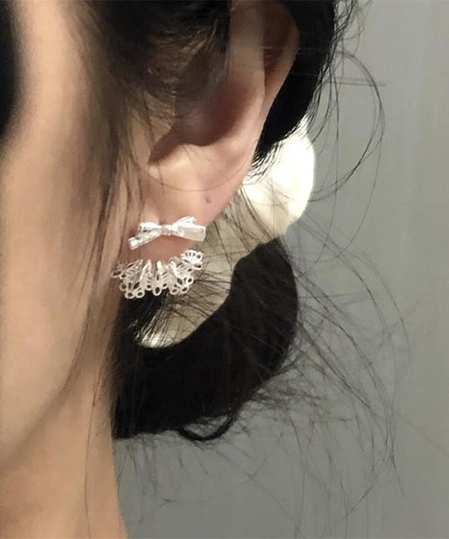 Silver Earrings White Lace Chic Sterling Alloy Stud Bow Patchwork FashionChic