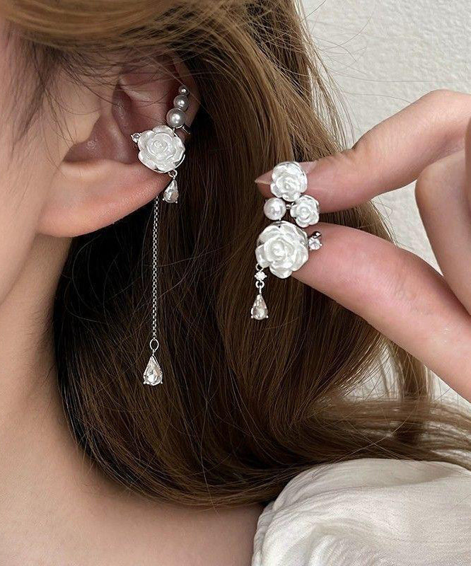 Drop Tassel Chic Earrings Rose Sterling Silver Asymmetrical White FashionChic