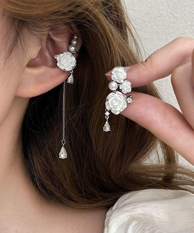 Drop Tassel Chic Earrings Rose Sterling Silver Asymmetrical White FashionChic