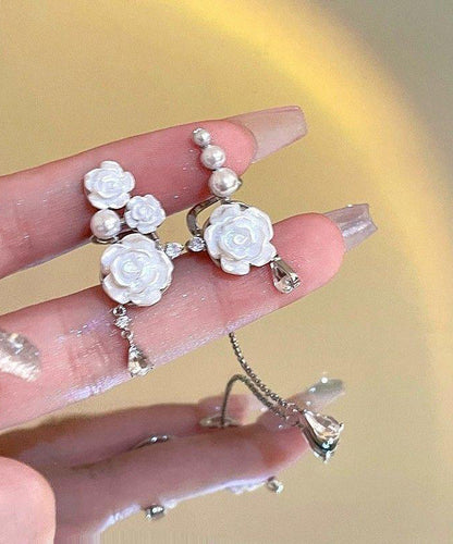 Drop Tassel Chic Earrings Rose Sterling Silver Asymmetrical White FashionChic
