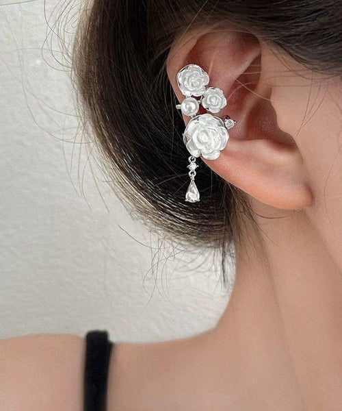 Drop Tassel Chic Earrings Rose Sterling Silver Asymmetrical White FashionChic