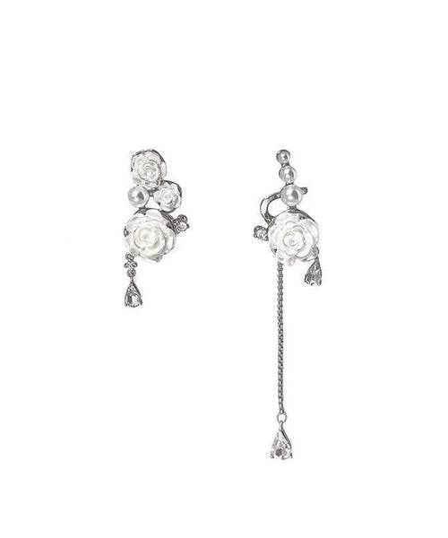 Drop Tassel Chic Earrings Rose Sterling Silver Asymmetrical White FashionChic