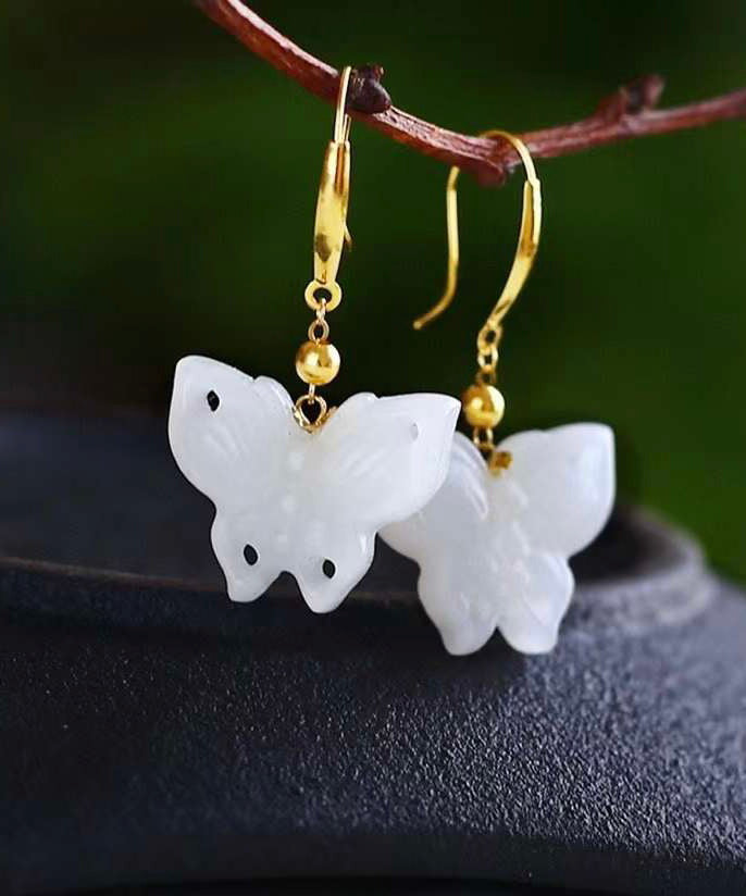 Chic White Sterling Silver Overgild Jade Butterfly Drop Earrings QU032 JEW-EAR241007