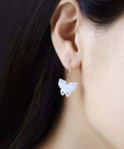 Chic White Sterling Silver Overgild Jade Butterfly Drop Earrings QU032 JEW-EAR241007