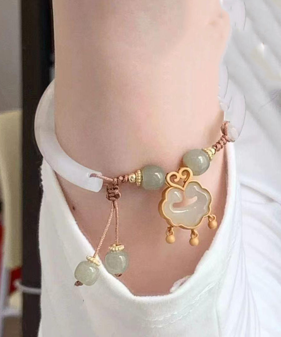 Chic White Sterling Silver Overgild Jade Safe Lock Tassel Bangle QJ025 JEW-BAN241021