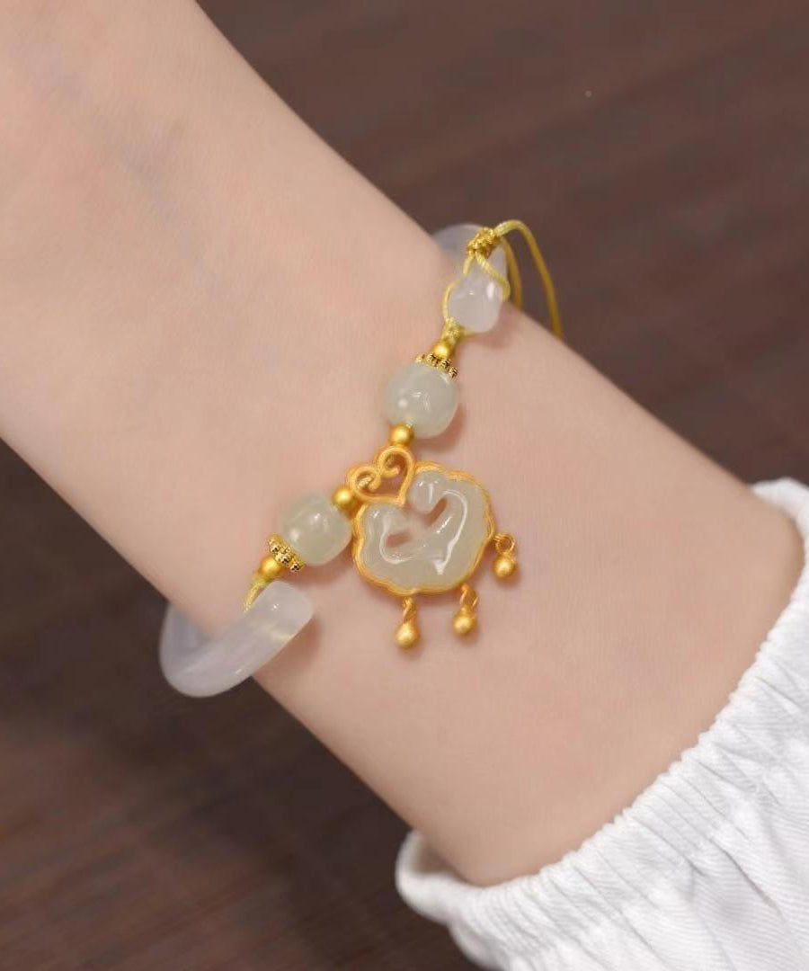 Chic White Sterling Silver Overgild Jade Safe Lock Tassel Bangle QJ025 JEW-BAN241021