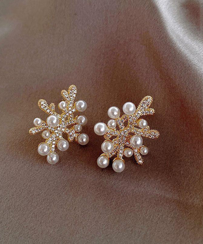 Chic White Sterling Silver Overgild Zircon Coral Pearl Stud Earrings GH1065 Ada Fashion