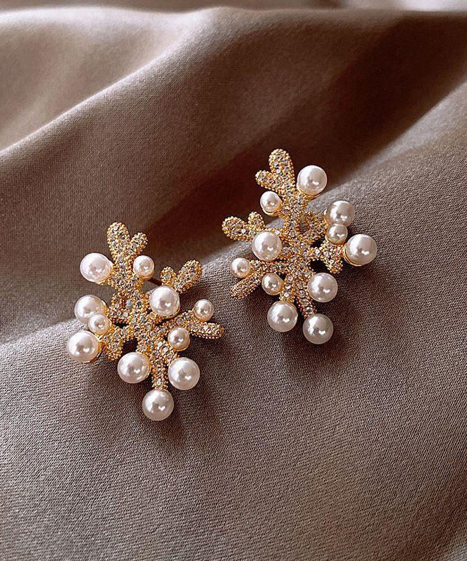 Chic White Sterling Silver Overgild Zircon Coral Pearl Stud Earrings GH1065 Ada Fashion