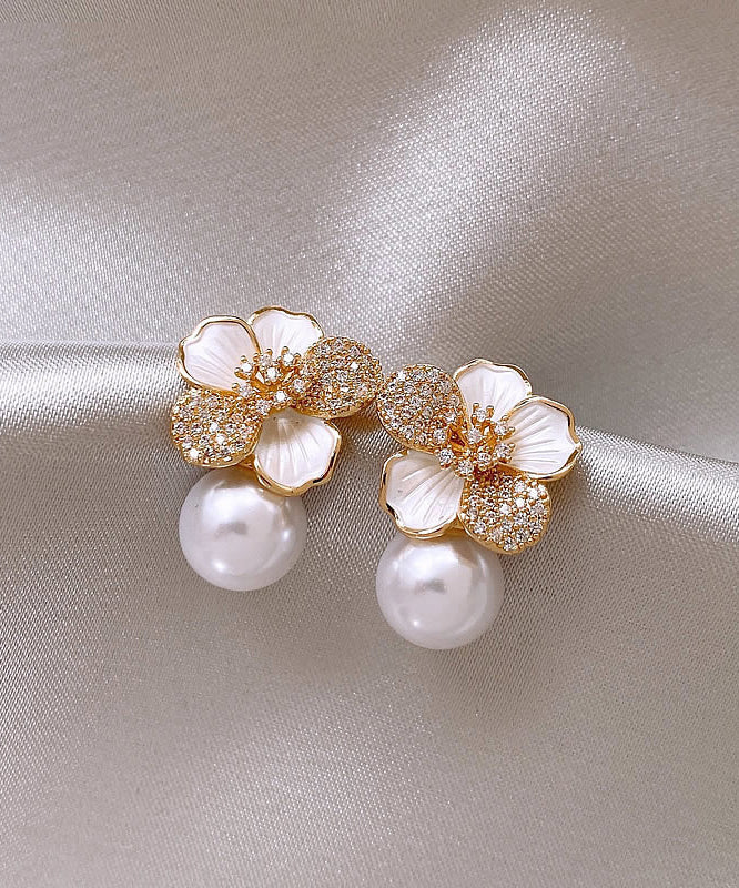 Chic White Sterling Silver Overgild Zircon Pearl Floral Stud Earrings KX1040 Ada Fashion